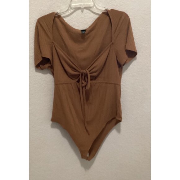 Wild Fable Brown Ribbed Short-Sleeve Tie-Front Bodysuit Size XL - Picture 1 of 4